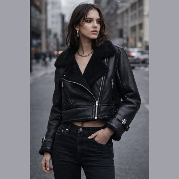Zara Jackets & Blazers - ZARA Aviator Biker Jacket Womens M Faux Leather Shearling Lined Moto Zip Black
